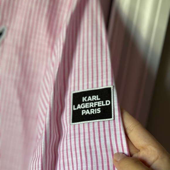 Karl Lagerfeld Paris Top Blouse Collared Shirt Logo XOXO Eiffel Striped Pink S - Picture 4 of 11